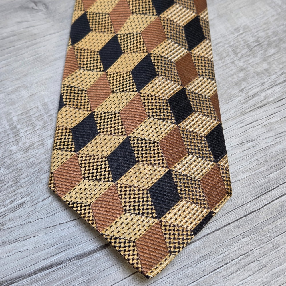 Vintage 90s Mondo Di Marco Silk Necktie 59-inch Metallic Brown Black 3D Block